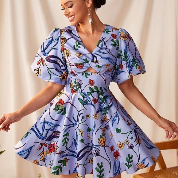 Purple Boho Womens Foral Prints Front Twisted Wrap Cut Out Back Detail Dress - Picture 6 of 8